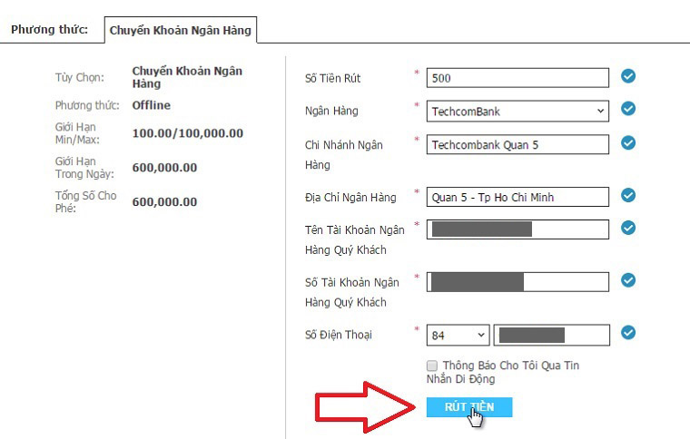 Điền thông tin để rút tiền về tài khoản ngân hàng